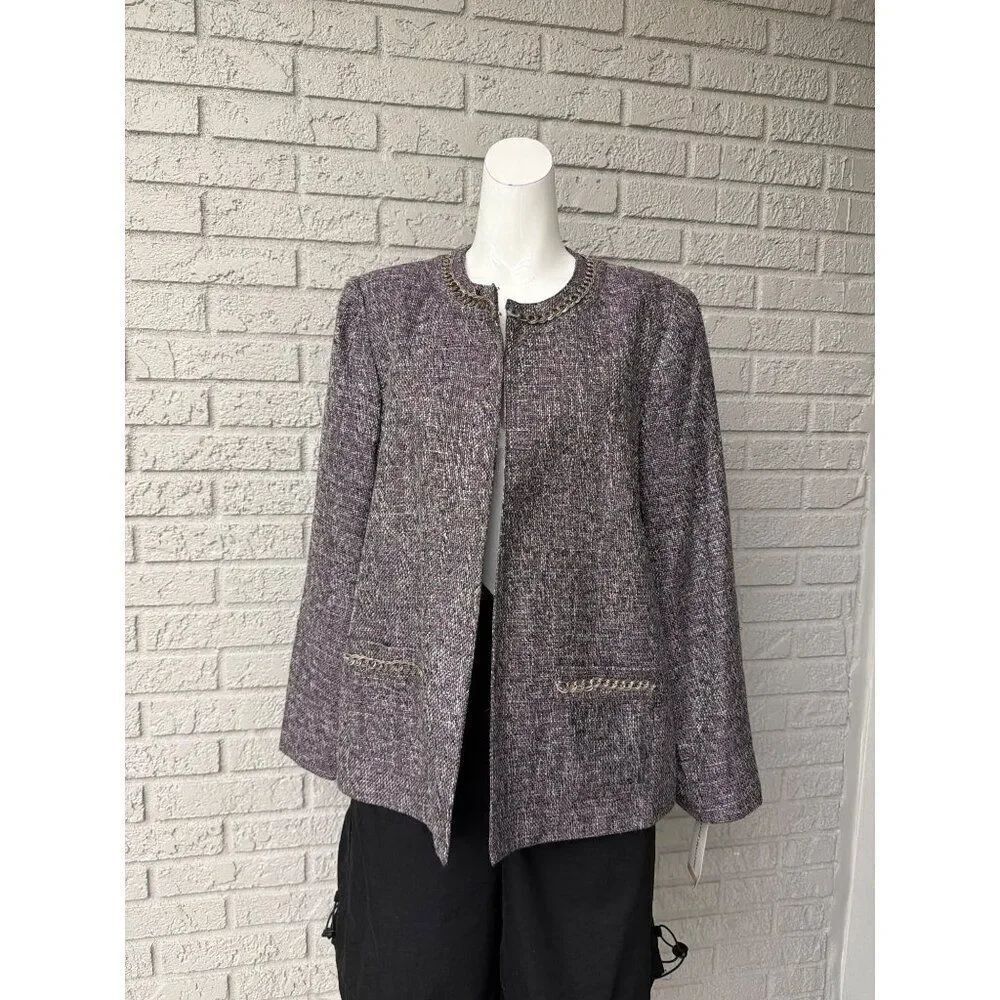 Alfred Dunner Women’s Purple Tweed Blazer with Silver Chain Trim Size 12